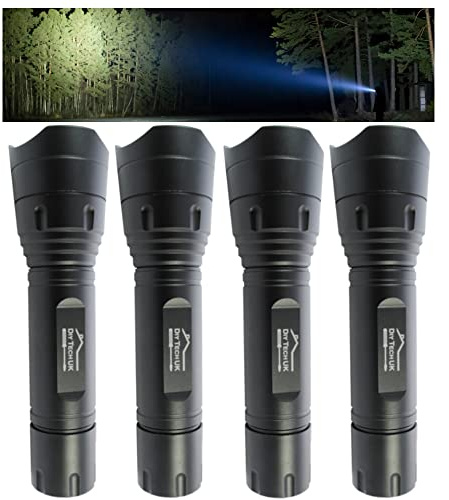 DIY TECH UK - Super Bright LED Torch - 300m Range - 4-Pack - Zoomable