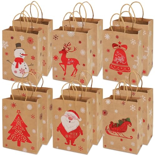 Weihnachtsdekoration, 12 Stück Weihnachtskraft Geschenktüten Verschiedene Stile Weihnachtspapiertüten mit Griffen Weihnachtstüten mit Weihnachtsdruck zum Verpacken von Geschenken, Partybedarf