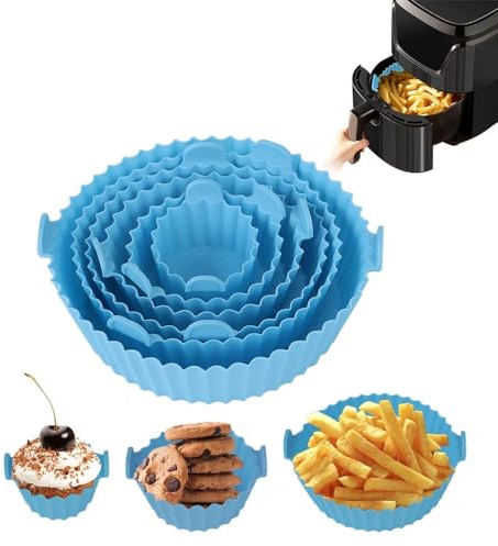 6-Piece Reusable Non-Stick Air Fryer Silicone Liners Silicone Air Fryer LinersMess-Free Healthy Cooking Up to 200°C. Reusable Non-Stick Air Fryer Accessories Set (Blue)