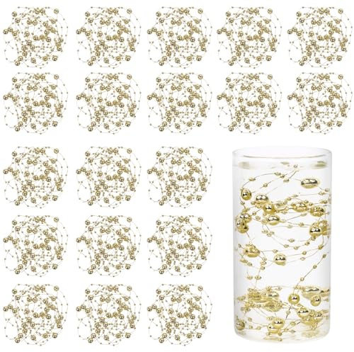 DomeStar 20 cuerdas de perlas artificiales, perlas flotantes doradas con 4000 cuentas de agua, perlas de imitación para jarrones flotantes, relleno de centros de mesa de boda