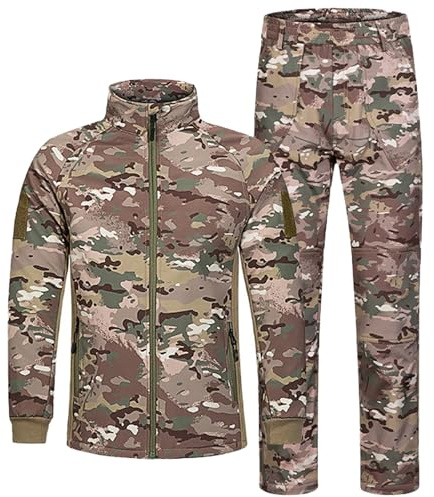 QIYUANT Kinder Outdoor Taktische Bekleidung Camo Softshell Jacke & Hose Sets Fleece Gefüttert Airsoft Militär Camouflage Winter Kampf Jagd Wandern Camping für Junge Mädchen (CP/Jacke + Hose, 150)