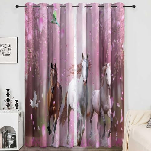 Kinder Vorhänge Romantischer Wald Rennendes Pferd Ösen Gardinen mit Blickdichte Thermo Vorhang Kälteschutz Blackout Curtain Kinderzimmer Schlafzimmer Ösenvorhang Tier Braunes Pferd H 260 x B 140 cm