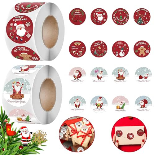 Qeioauek Sticker Weihnachten Etiketten,1000 Stück Geschenkaufkleber Selbstklebend,Merry Christmas Sticker,Weihnachtsaufkleber Auf Rolle,Weihnachtssticker,Weihnachten Geschenk Dekorieren Aufkleber