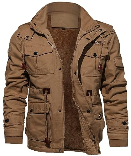 JYJXFD Herren-Wintermantel, Militärjacke, Parka, aus Baumwolle, gefüttert, Fleece, Cargo-Jacke, #03Khaki, XL