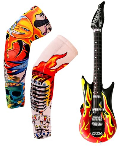 Bojueshaw 3pcs Inflatable Rock Guitar and Unique Tattoo Sleeves Are Ideal Choices for Stage Props,Parent-Child Games,and Party Events
