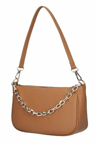 Made in Italy Damen Leder Tasche Pochette mit Kette Schultertasche Handtasche City Bag Umhängetasche Clutch Ledertasche Bodybag Schmucktasche Crossbody Cross-Over Cognac