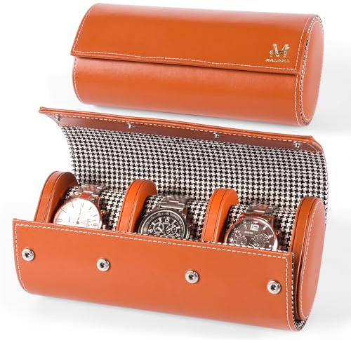 MALROLL Genuine Leather Watch Roll Travel Case & Watch Case for Men – 3 Watch Roll with Dividers & Removable Snap Pillows – Watch Case for Travel & Display