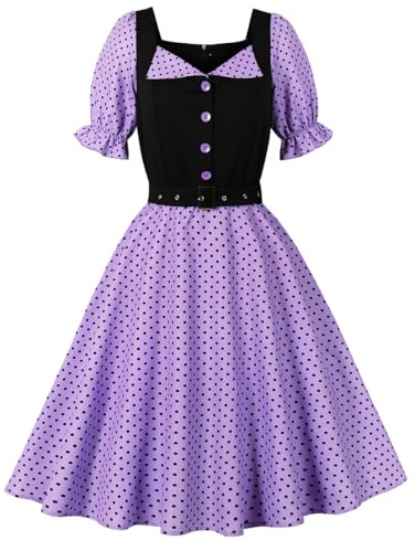 Wellwits Women's Puff Sleeves Lapel Decor Polka Dots Vintage Cocktail Dress