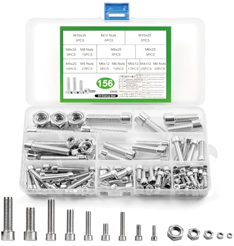 156 Pcs Boulons et écrous, M4 M5 M6 M8 M10 Vis à Tête Cylindrique à Six Pans Creux et Ecrous, Kit Assortiment Vis Boulons en Acier Inoxydable pour Mécaniques Réparation Bricolage