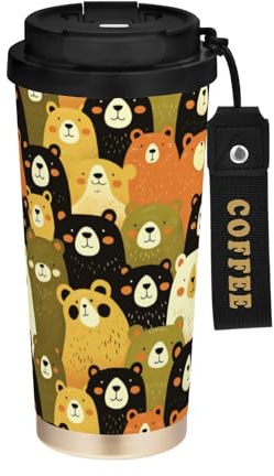 linqin Vasos de viaje con caras de oso gigante para taza de café con tapa, taza térmica de acero inoxidable para bebidas frías y calientes, 481.9 g, a prueba de derrames