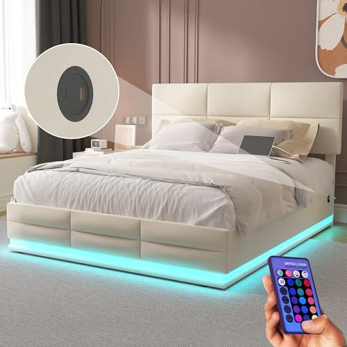 OKimmy Polsterbett Doppelbett 140x200cm, mit LED-Beleuchtung, Zweiseitige USB/Type-C-Ladefunktion, hydraulischem Stauraum, Bettgestell mit verstellbarem Kopfteil, mit Lattenrost Ohne Matratze, Beige