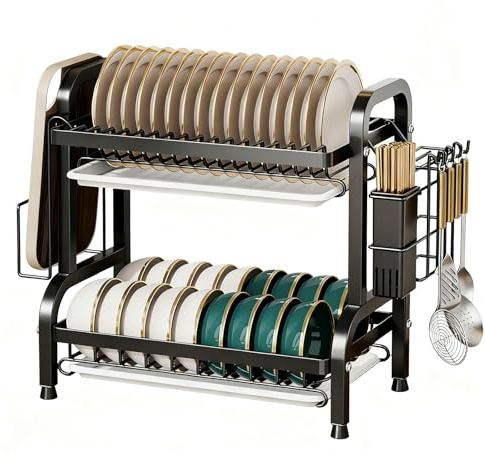Gemdoit 2 Tier Dish Drainer, Dish Drainer Rack for Kitchen with Drip Tray, Large Capacity Dish Drying Rack, Utensil & Cutting Board Holders for Kitchen Counter, Black
