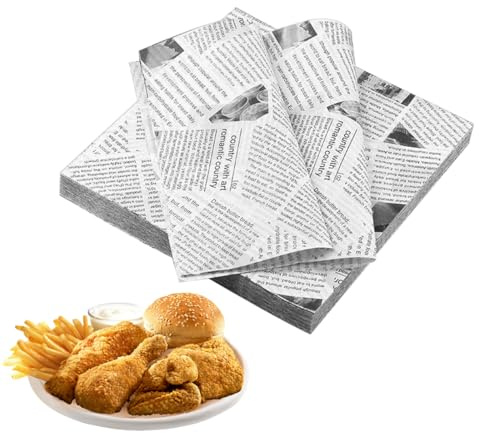 ZORVYN 100 feuilles Papier Anti Graisse Ciré, Papier Cuisson, Papier Emballage Alimentaire, Style Papier Journal, Doublure de panier Deli pour burger, sandwich, fromage (25 x 25cm)
