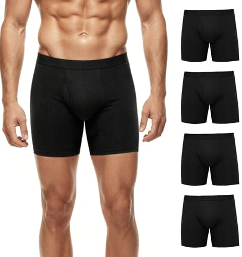 PUTUO Mens Cotton Long Boxers: Mens Anti Chafing Cotton Boxer Briefs with Fly & 3D Pouch - Tagless & Moisture-Wicking Underwear Trunks for Men 4-Pack Black