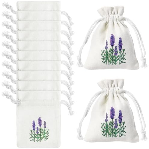 Lavendelsäckchen Leer zum Befüllen 12 Stück Lavendel Baumwolltasche mit Kordelzug Mini Leer Duftsack zum Befüllen Getrocknete Lavendelblüten für Zimmer, Kleiderschrank, Auto (8 * 10 cm)