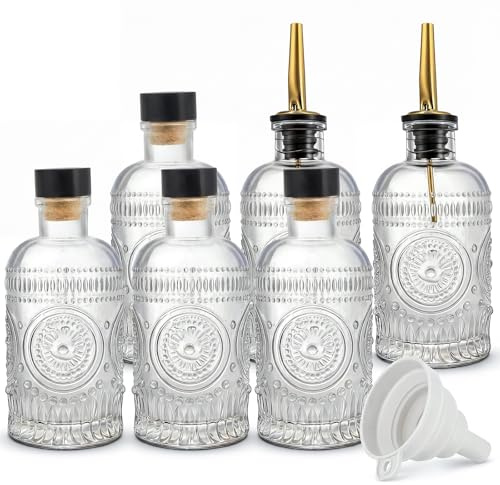 Kingrol Embossed Glass Olive Oil Dispenser Set - 6 Pack 7 oz Clear Bottles with Non-Drip Pour Spouts, Labels & Funnel for Oil, Vinegar & Dressing Organization
