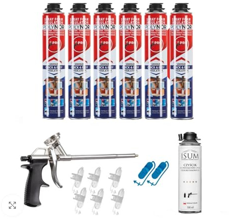 POLYNOR PUR-värmeisolering i sprayburk PRO – Set med 16 delar – 6 skumpatroner – Skumpistol – Sprutbar värmeisolering – Isolering av väggar, tak, innertak och rör – Sprayburk 750 ml