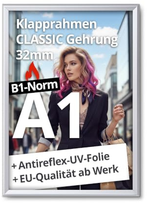 net-xpress® A1 Brandschutzrahmen | Klapprahmen Brandschutz A1 | Plakatrahmen B1 Norm nach DIN 4102 schwer entflammbar | 32 mm silber | mit Antireflex-Folie, Schrauben & Dübel | Hoch- & Querformat