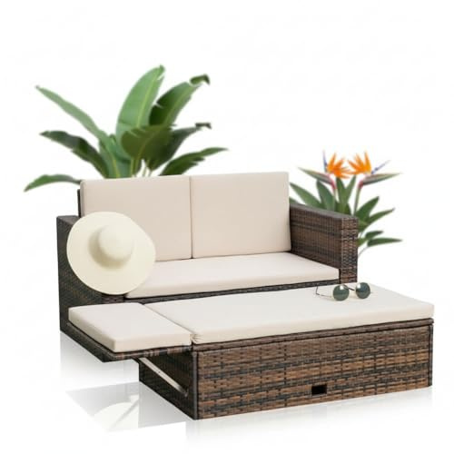 Melko Gartenmöbel Set Lounge Sofa Polyrattan Ottomane mit Stauraum Braun | inkl. Sitzkissen, wasserabweisende Bezüge, engmaschiges wetterfestes Geflecht, Gestell aus Stahlrohr, für Balkon und Terrasse