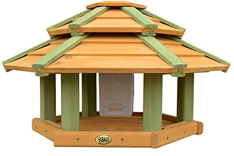 HABAU Vogelhaus mit Futtersilo und Ständer | Futterhaus montiert geliefert, mit Silo aus Kunststoff, sechseckiges Haus für Wildvögel