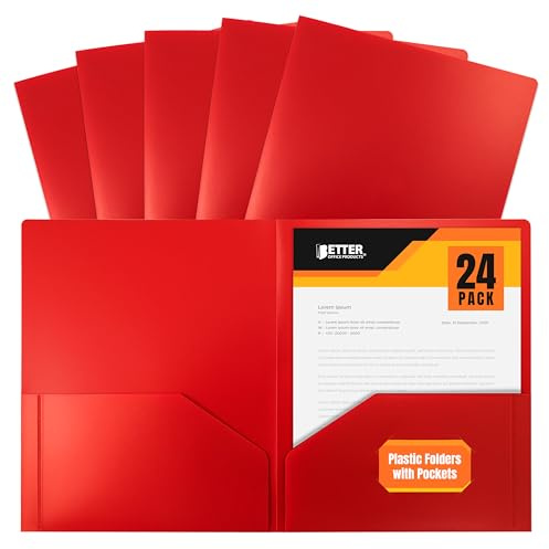 Better Office Products Heavyweight Plastic 2 Pocket Portfolio Folder, Letter Size Poly Folders 24 Pack (Red)