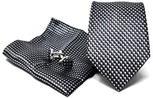 Krawatte Set mit Gestreifte Graue Krawatte, Einstecktuch und Manschettenknöpfe für Herren - 100% Seide - Klassisch, Elegant und Modern - (Geschenk, ideal für Männer zum Geburtstag, eine Hochzeit)