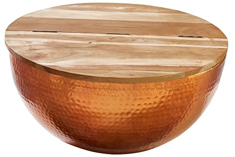 Couchtisch ORIENT STORAGE 60cm - natur kupfer - Akazienholz | Massiv, montiert, Stauraum, hochwertig, individuelle Maserung, Eyecatcher, Beistelltisch, aufklappbare Tischplatte