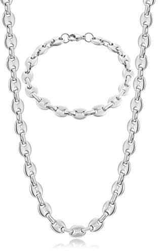 AFSTALR Halskette Herren Edelstahl 6/9/11mm Kaffeebohne Kette Armband Set für Männer Silber/Gold/Schwarz 51/56/61CM Hip Hop Halskette Plattenkette für Herren