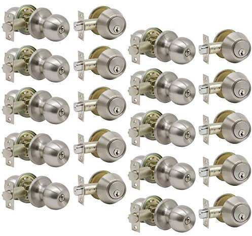 Gobrico 10 Pack Entry Door Knob and Single Cylinder Deadbolt Keyed Alike Lock Combo Sets for Home Entry Door Classic Satin Nickel Finished Door Handlesets