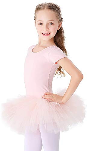 Bezioner Girls Cotton Ballet Dance Dress Cute Tutu Skirted Leotard Short Sleeve Pink Size 4-5T