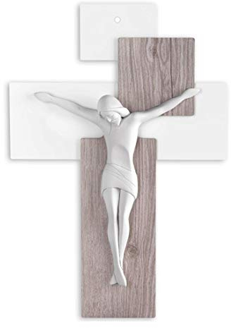 MAZZOLA LUCE Crocifisso Moderno da Parete 17x12 cm Legno Rovere Cristo Gesso Made in Italy