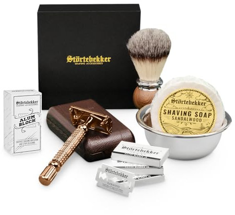 Störtebekker® Premium Rasierhobel Set für Herren im handgefertigten Lederetui - mit Rasierpinsel, Rasierschale Edelstahl, Rasierseife, Alaunstein und Rasierklingen - Rasierset/Bartpflege Set Männer