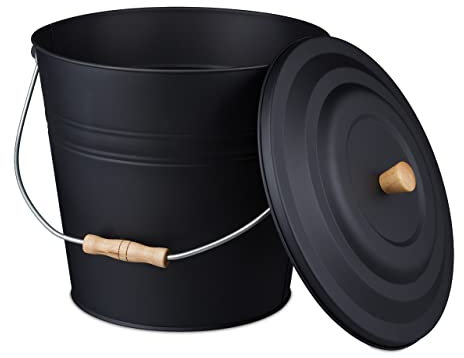 Relaxdays Secchio Portacenere, Cenere, Carbonella, Pellet, con Manico e Coperchio, da 12 Litri, Acciaio e Legno, Nero