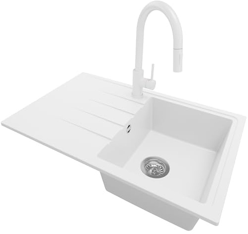 PRIMAGRAN Fregadero Granito al Mueble 45cm + Grifo, 78x50cm | Set: Grifo BW9010 + Kit de desagüe (sifón, válvula, rebosadero) + Milano 1 Seno para Cocina, Blanco
