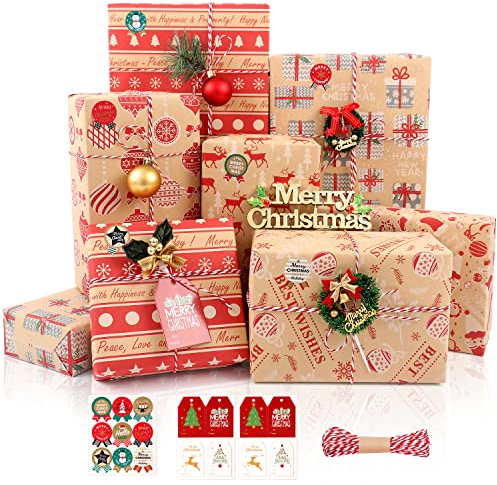 Weihnachten Geschenkpapier Set, 8 Blatt Braun Rot Kraftpapier Geschenkpapier, Weihnachtsgeschenkpapier Set mit Aufklebern Geschenkanhänger und Papierschnur für Geschenke Party Deko, 70x50cm