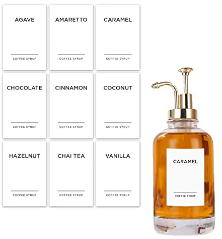 BBRGIRL - 84 Stück Kaffee-Sirup-Etiketten, aromatisierter Kaffee-Aufkleber, wasserdichte Etiketten für Sirup-Aufbewahrung, Etiketten für Karamell, Vanille, Mokka-Sirup-Spender
