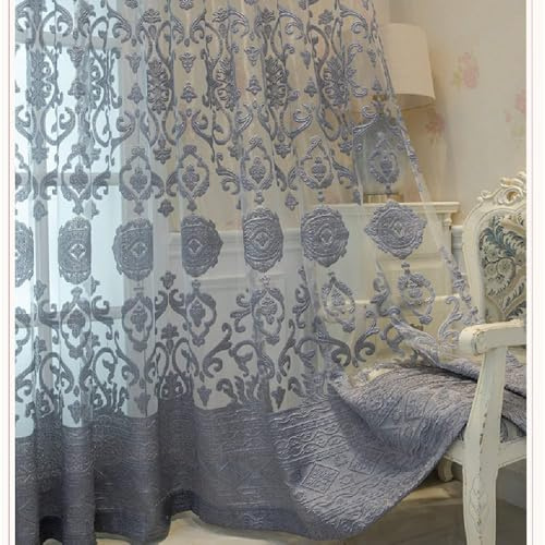 Amidoudou Luxury European Sheer Curtains 66x90 Inch - Embroidered Tulle Window Drapes for Bedroom & Living Room, Light Filtering Hollow Out Design, Gray