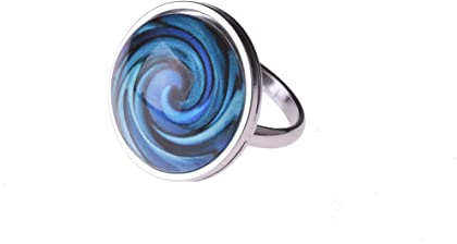 Adi-Modeschmuck Verstellbarer Ring 'Sienna', attraktive farbige Ornamente unter einem 20mm Glas Cabochon, größenverstellbarer Ring aus Edelstahl, handgefertigt in Berlin (Dunkelblau)