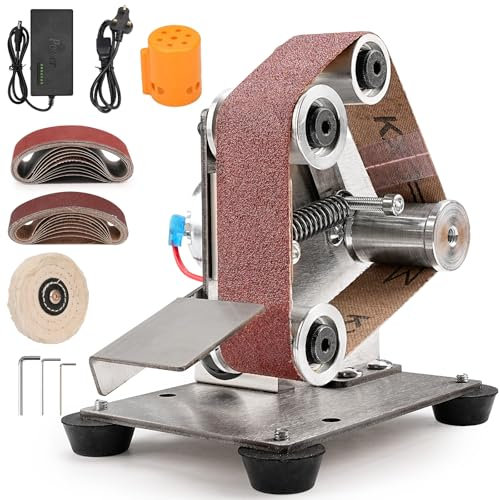 SI FANG Mini Electric Belt-Sander DIY Power Sanding-Polishing Machines Kit, 7 Speed Adjustable Bench Belt Grinder Sharpener, 20Pcs 330x30mm Belts for Knife Making, Metal Wood Working, Craft (UK Plug)