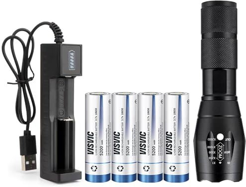 USB Rechargeable LED Torch, 5 Modes Bright Torch, Rechargeable LED 18650 Flashlight with 4 Flat top 18650 Battery and USB Charger Waterproof Zoomable Handheld Torches for Camping Dog Walking Emergency