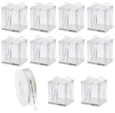 sourcing map Clear Cake Box, 10Pcs 7x7x8 - Tall Cake Boxes with Ribbon for 4 Inch Cake Packing Carry - for Birthday Parties, Wedding (White)