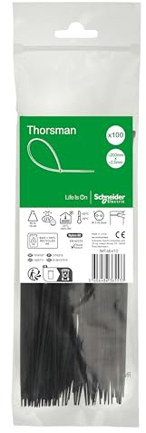 Schneider Electric Thorsman Bridas de 100 unidades, de poliamida, 200 x 2,5 mm, color negro, diferentes tamaños, bordes redondeados lisos, muy duraderas, bridas autoblocantes para gestión de cables