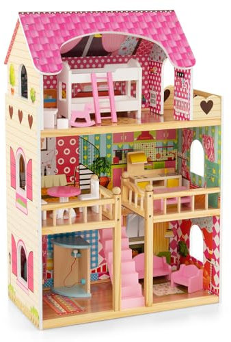 COSTWAY Puppenhaus aus Holz, Puppenstube mit 3 Etagen & 15 Möbel & 6 Zimmern, Traumhaus für Mädchen, Puppenvilla Dollhouse Spielzeug für Mädchen ab 3 Jahren