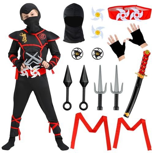 BIQIQI Costume Déguisement Ninja Enfants, 18Pcs Ensemble Ninja Costume pour Garçon, Costume Musculaire Ninja pour Carnaval Halloween Cosplay (XL)