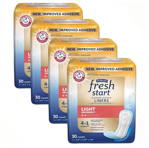 FitRight Fresh Start Liners for Women, Now with Stronger Adhesive, Incontinence, Bladder Leak, and Postpartum Pads with The Odor-Control Power of ARM & Hammer, Light Absorbency (30 Count, Pack of 4)