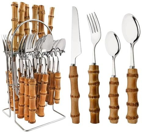 Royal Shang Youpin In Primo Piano Manico in Bambù Autentico Cucina Acciaio Inossidabile Posate Stoviglie Posate Coltelli Forchette Cucchiai Set Coltello Da Bistecca Per (Argento,24 pezzi/portaposate)