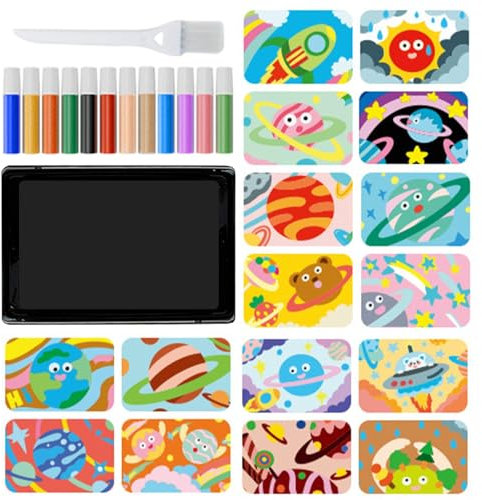 Ruwshuuk Sandkunst zum Abziehen und Aufkleben, farbige Sandmalerei - Farbsand-Kunstbilder-Sets für Kinder | 12 Sandfarben, 16 Bilder zum Abziehen und Streuen, 1 Tablett, 1 Pinsel-Kunstwerkzeug für