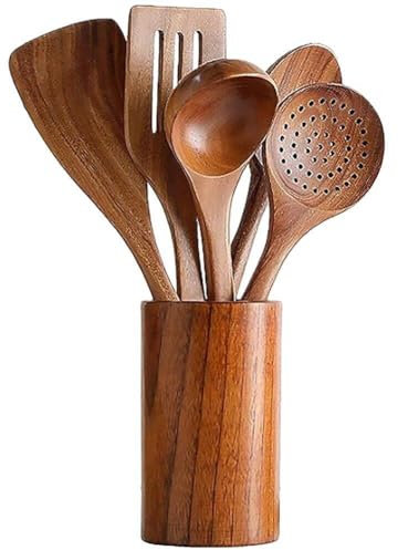 Tsffae 6 Unids/Set Juego De Utensilios De Cocina De Madera, Cuchara De Cocina, Cuchara para Servir, Espátula De Madera, Vajilla De Almacenamiento De Madera, Juego De Herramientas De Cocina