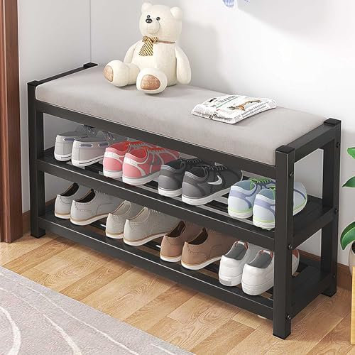 HCZKIUJY Eingangsbank mit Samtkissen, kleine Ottomane für kleine Räume, schmale Aufbewahrungsbank, Schuhregal für den Innenbereich mit Sitzgelegenheit, schwarz
