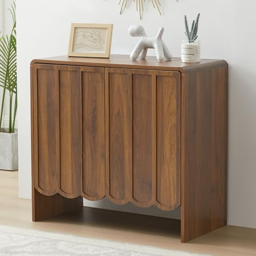 ORRD Sideboard Buffet Cabinet, Accent Storage Cabinets with 2 Doors, Farmhouse Wood Cabinet with Adjustable Shelves and Wave Panel for Living Room, Dining Room, Entry - Walnut